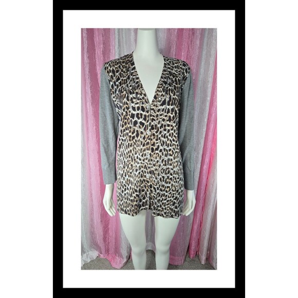 Chico's Leopard Gray Rhinestone Cotton Long Cardigan Sweater Size Medium 8-10 - Picture 1 of 12